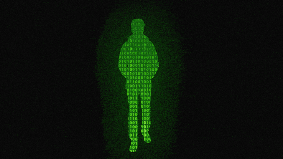 A green silhouette of a person with changing binary code set against a black background.