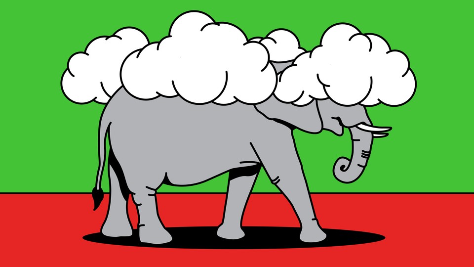 An illustration of an elephant walking around with clouds covering its head.