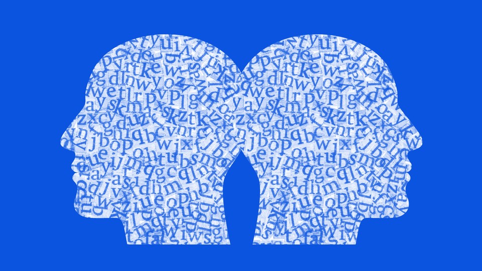 Illustration of two heads made up of letters