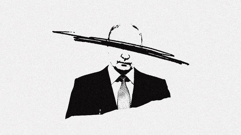 A black-and-white photo illustration of Vladimir Putin with his eyes scratched out