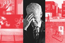 Collages of red photos, depicting the coronavirus, a gas-price sign, shipping containers, a gun, and part of the border wall, frame a single black-and-white photo of Joe Biden looking down with his hand to his forehead.