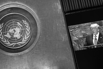 Off-kilter black-and-white photo of Donald Trump speaking at the United Nations