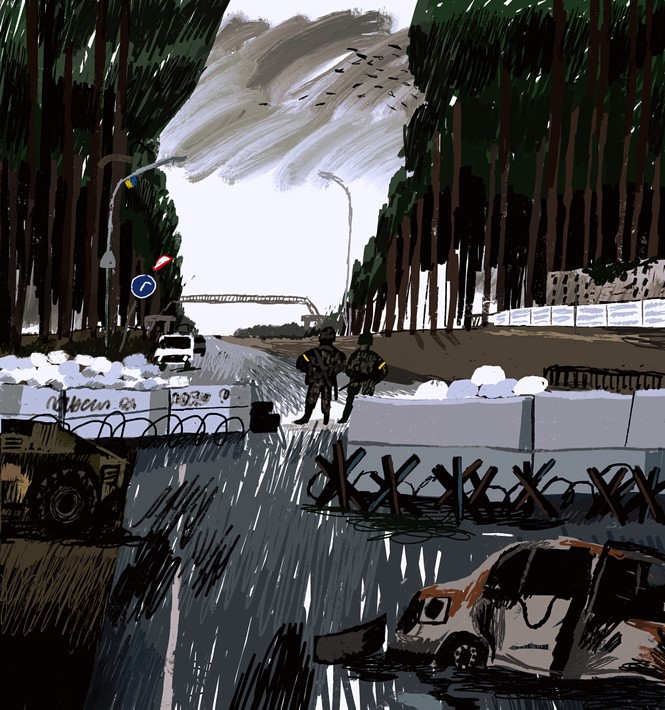 illustration of checkpoint with soldiers on street, wire and barricades, with ominous gray sky