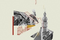 An illustration of fragmented pieces of cities and zoning maps