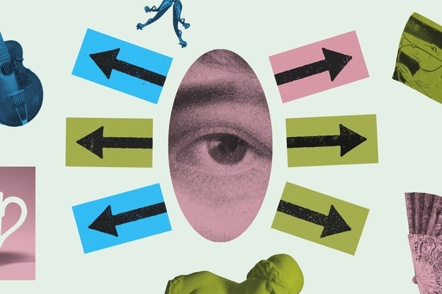 A collage of arrows pointing out from a human eye surrounded by random objects including a guitar and a coffee mug