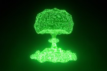 Glowing, bright-green digital mushroom cloud made of 1s and 0s on black background