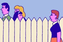 Illustration of a fence separating a solo girl from her friend and the friend's parents