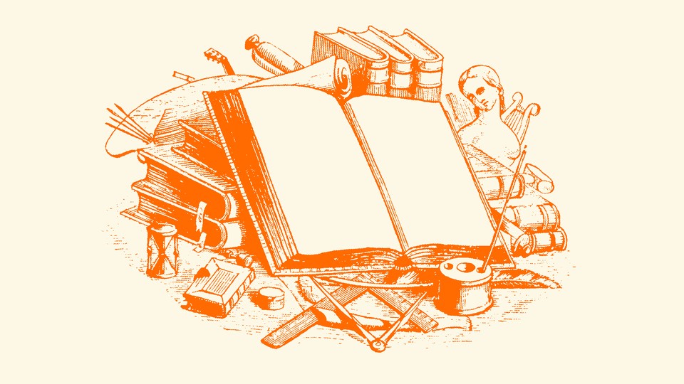 An orange drawing of multiple books stacked on top of each other