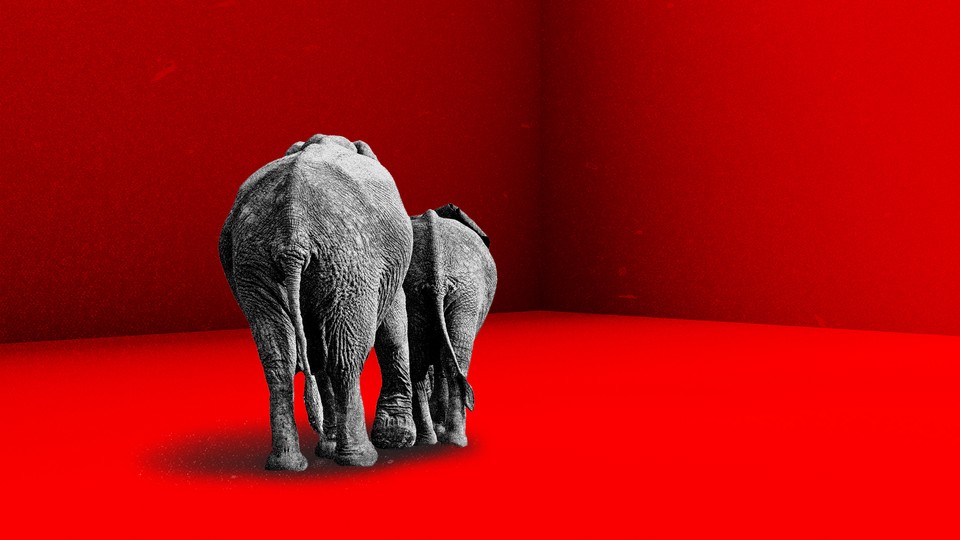 An illustration of two elephants walking away.