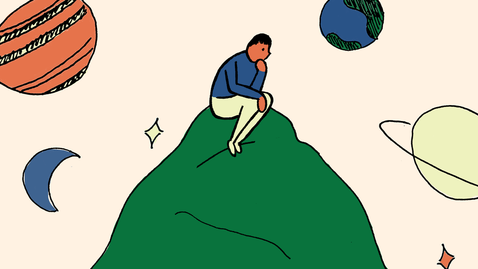 A cartoon figure contemplates on a rock