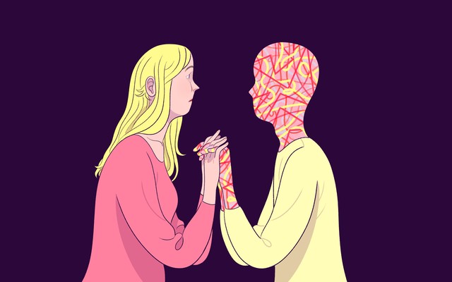 Girl holding hands with man made of scribble lines