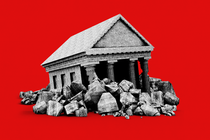 A photo-illustration of a collapsed neoclassical bank building