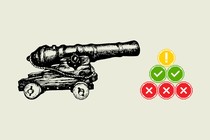 A cannon pointed at icons from a plagiarism detector