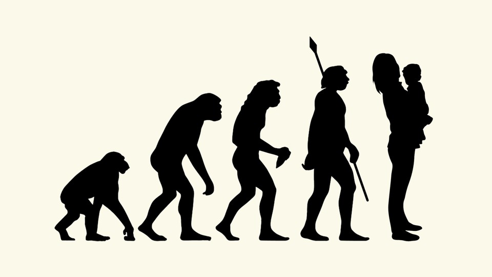 Silhouettes depicting a human evolving from an ape, with the image on the right being a woman holding a small child