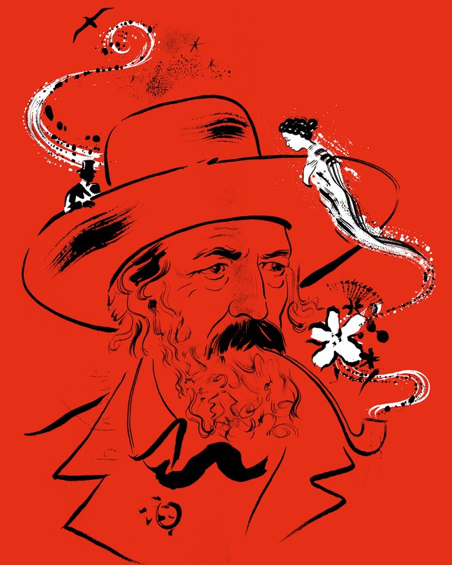 black ink portrait of Tennyson in broad-brimmed hat with long pipe, a fairy-like figure encircles his head with flowers on red background