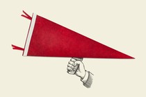 Illustration of a red college pennant with a hand holding it