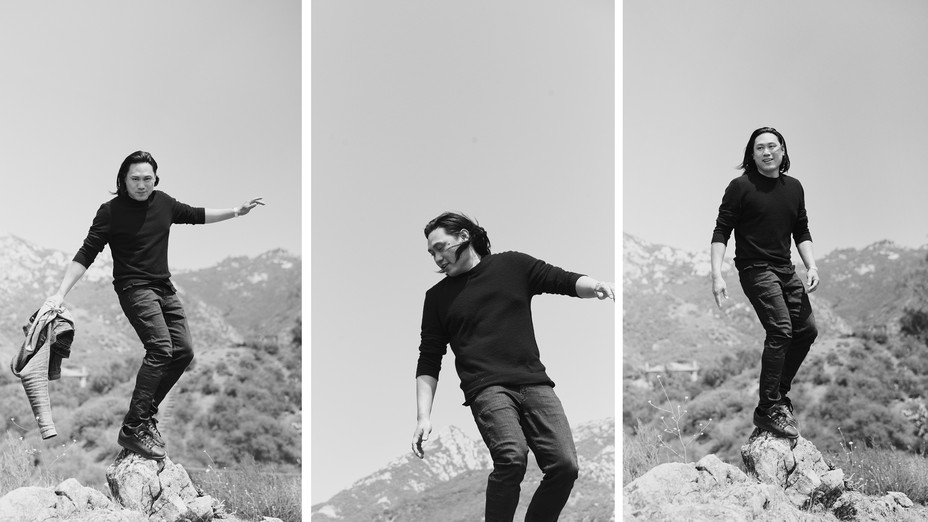 Triptych of Jon Chu balancing on rock