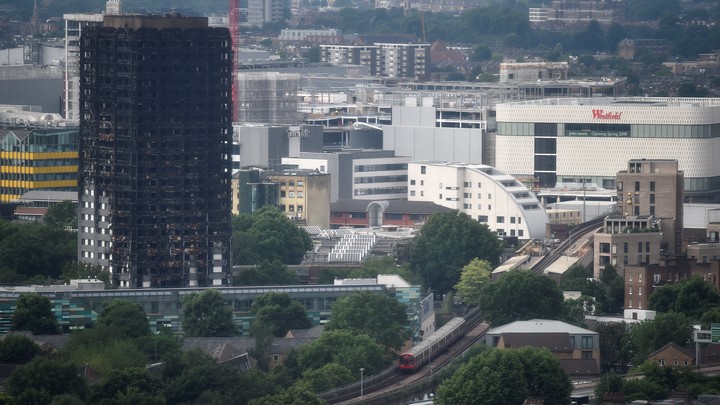 The burnt remains of the Grenfell apartment tower as seen on June 29, 2017.
