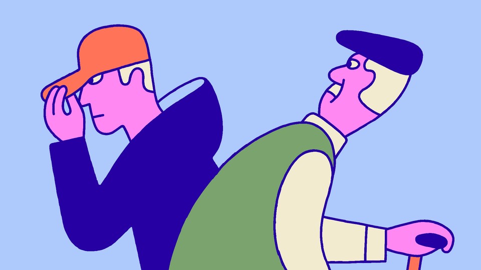 Illustration of a young man walking by an older man. The older man is looking behind his shoulder, and the younger man is shielding his face with a hat.