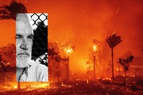 A long rectangular black and white photo of a bearded man collaged with a picture of raging fires over palm trees.