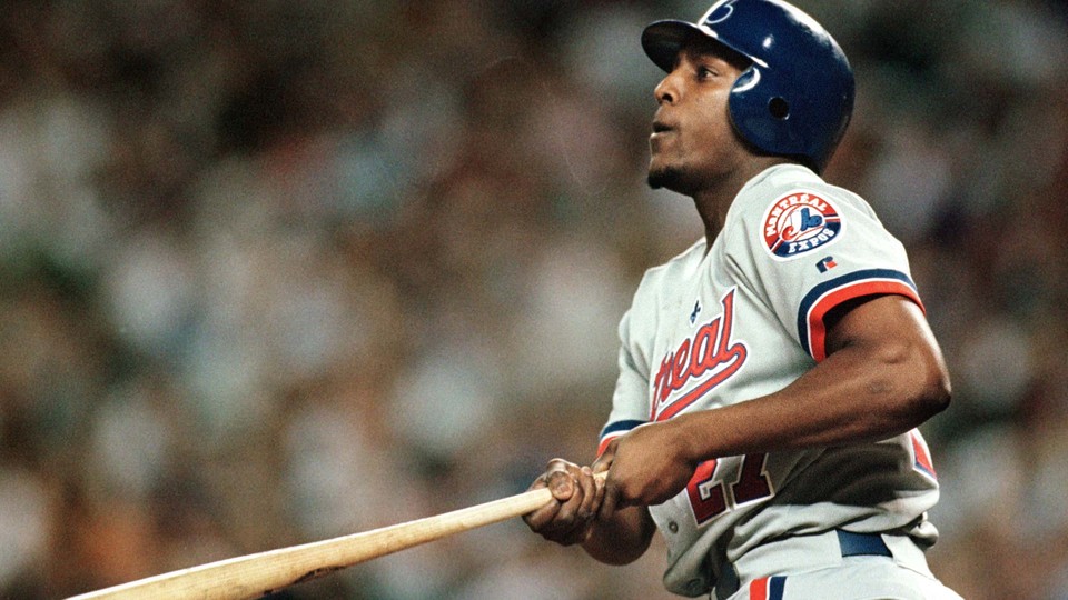 The Expos' Vladimir Guerrero hits the first of two home runs against the Diamondbacks in a 2000 game