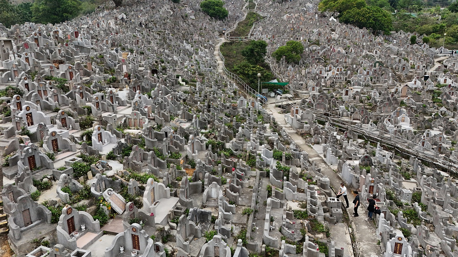 An aerial view of a hillside cemetery in Hong Kong