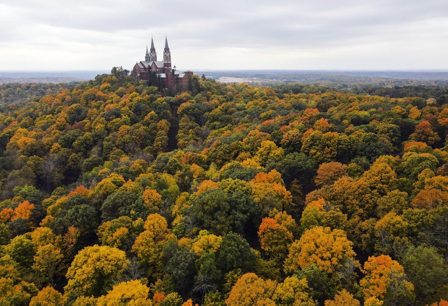 The towers of a basilica stand out on a hilltop, surrounded by colorful trees.