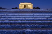 Ice and snow cover the steps to the Lincoln Memorial