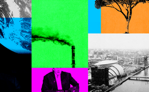 A collage of the Earth, a smokestack, John Kerry, a tree, and the Glasgow skyline