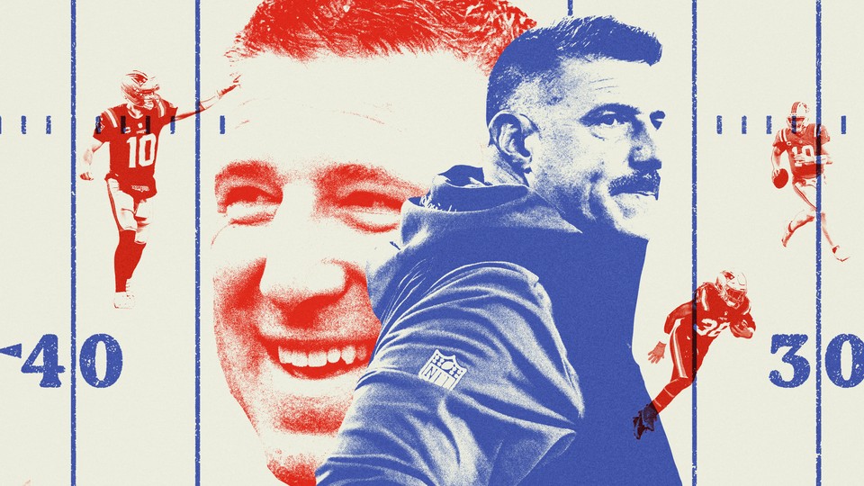 Photo-illustration of Mike Vrabel with the players Rhamondre Stevenson and Drake Maye