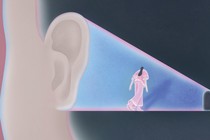 illustration of the head and neck of person with long dark hair facing away on pink background, with same figure dressed in pink walking through blue tunnel from ear into small door in center of head