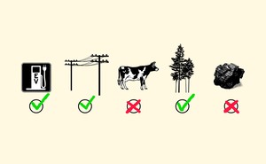 Five icons--an EV charger, power lines, a cow, a stand of trees, and a lump of coal--above SAT-style fill-in bubbles