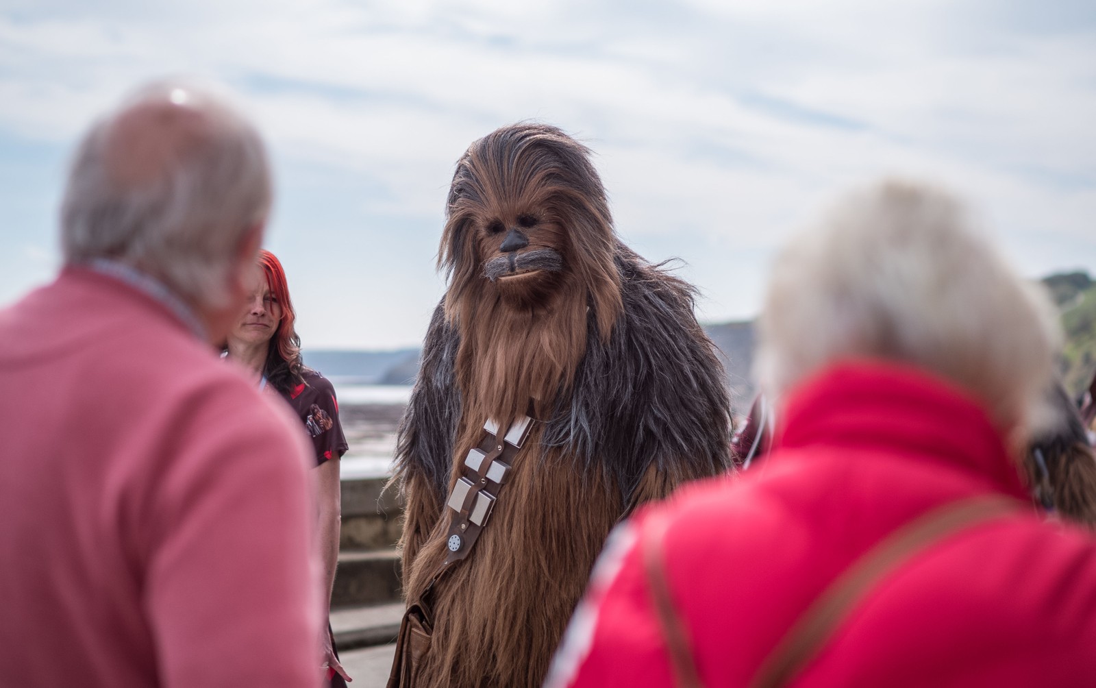 A person dressed as Chewbacca from the Star Wars films walks past people on a walkway.