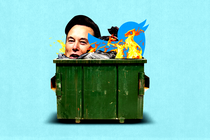 Photo collage of Elon Musk's face and a Twitter logo in a dumpster fire