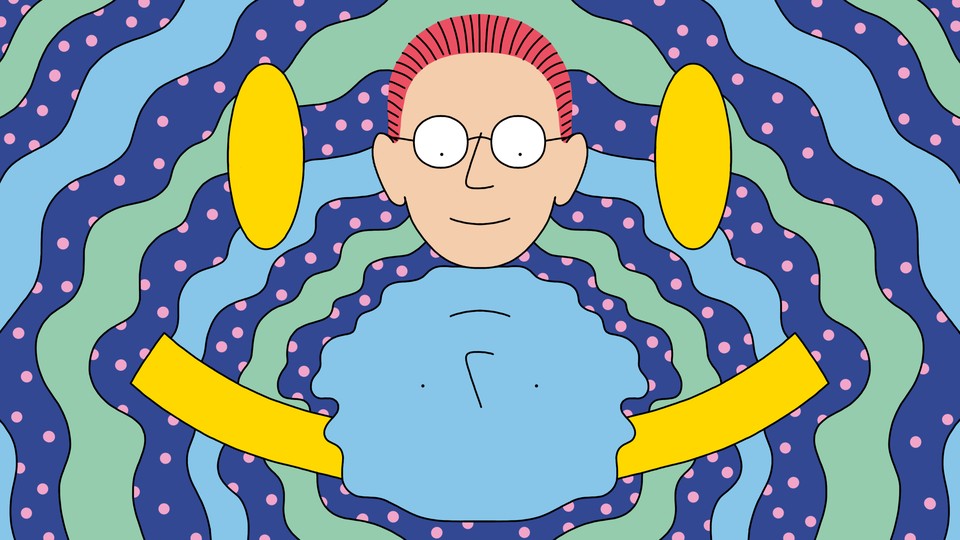Psychedelic illustration of man gazing at his reflection in water, with a giant smiley face in the background