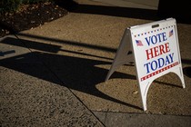 A Vote Here Today sign sits outside of an early voting location