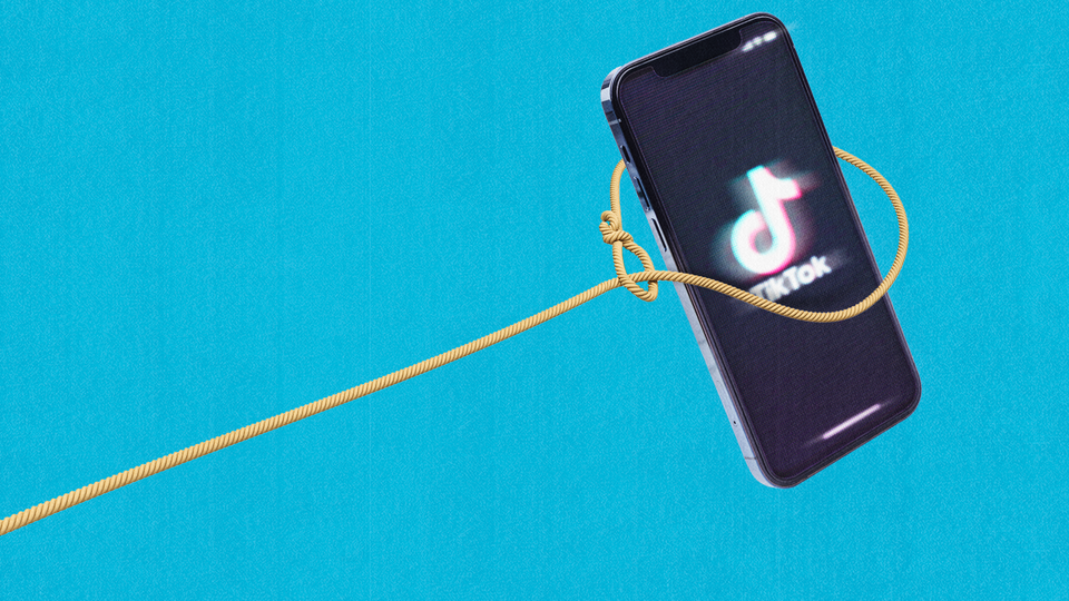 An illustration of a lasso catching a smartphone displaying the TikTok logo