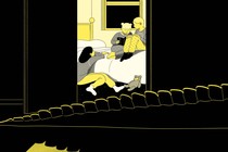 An illustration shows three girls chatting on a bed, framed by a doorway. Outside the door is a crocodile's tail.