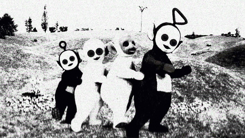 An image of the four Teletubbies (from left to right: Po, Laa-Laa, Dipsy, and Tinky Winky). The photo is rendered in grainy black-and-white, and where the Teletubbies' eyes should be, instead there are black circles.