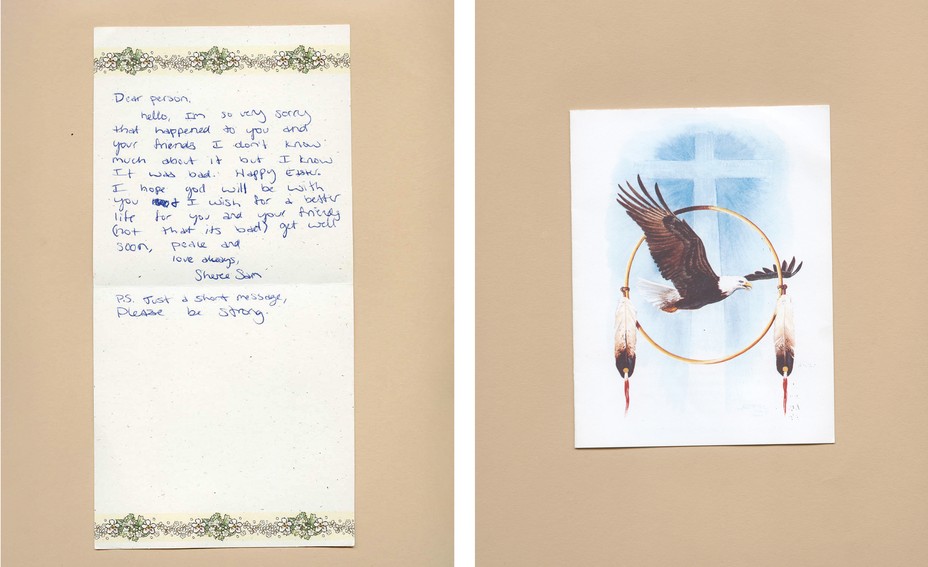 Diptych: A hand written letter with decorative borders; a card with an eagle, cross and circle with feathers.