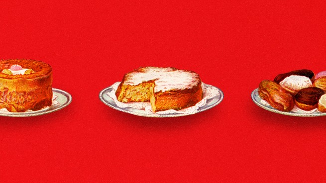 illustration de trois gâteaux sur fond rouge