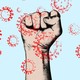 An illustration of a raised fist overset with stamped outlines of viruses