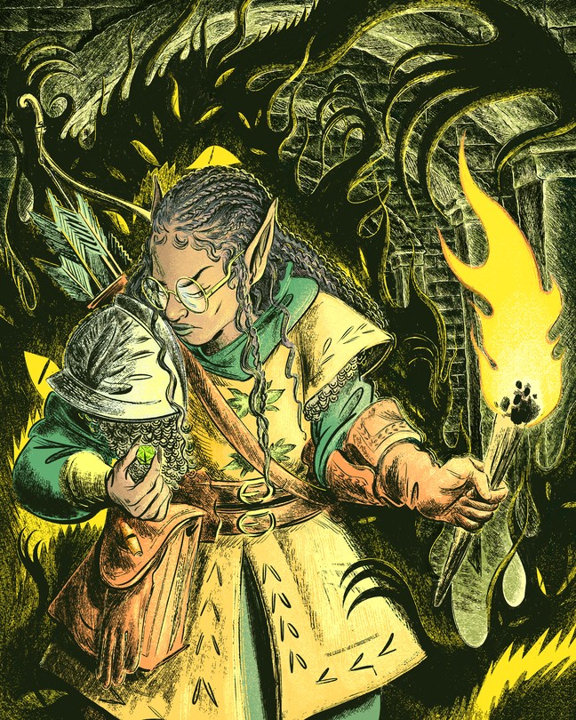 a female presenting elf, holding a 20 face dice, being followed by a dark shadow