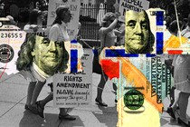 Photo-illustration of ERA demonstrators in the 1960s and $100 dollar bills.