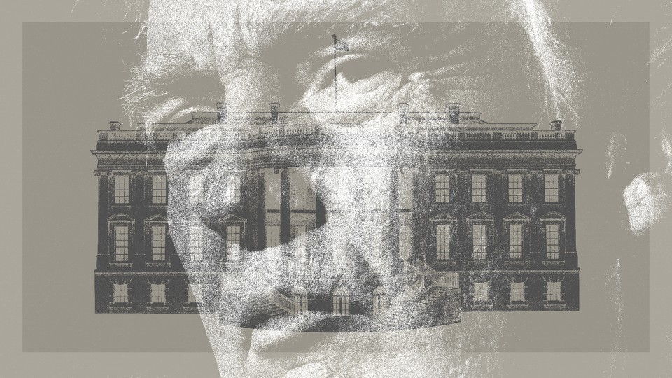 Trump's face overlayed on an illustration of the White House