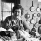 Portrait of the American chef, author, cooking teacher, and TV host Julia Child (1912–2004) as she poses in her kitchen, in Cambridge, Massachusetts, 1972.