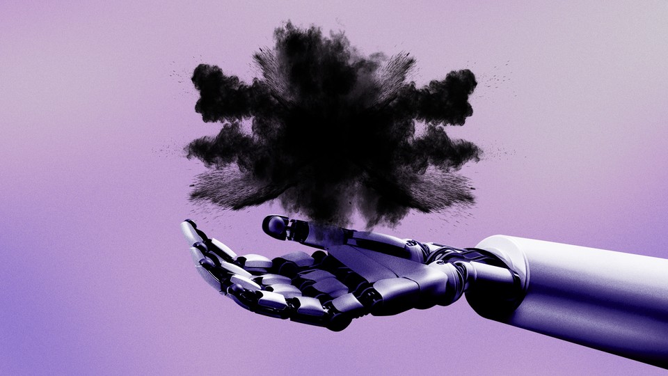 A robot arm extends from the left side, and its hand opens to a puff of black smoke. The background is a purple square.