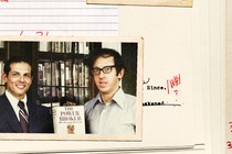 Collage of images of Robert Caro and Robert Gottlieb, over a notebook page marked up in red pen