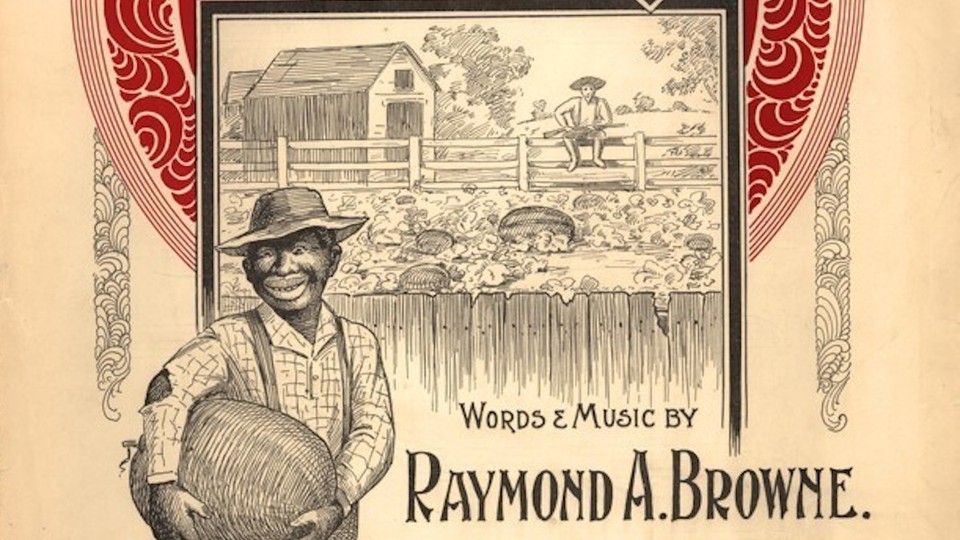 A vintage sign featuring a caricature of a Black man holding a watermelon