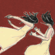 illustration of woman with dark hair wearing yellow dress falling backwards into the arms of same woman in yellow dress with dark hair, on reddish-brown background